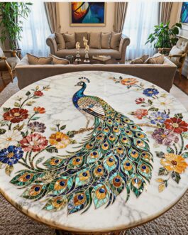 Exquisite White Marble Coffee Table with Peacock & Floral Inlay – Luxury Décor