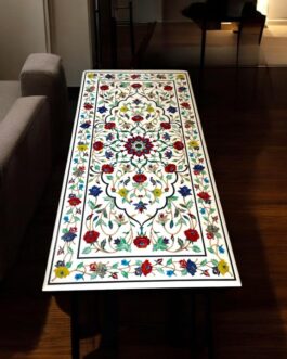 Handcrafted White Marble Inlay Table | Italian Pietra Dura Floral Coffee Table