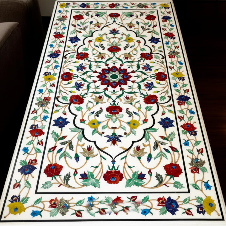 Handcrafted White Marble Inlay Table | Italian Pietra Dura Floral Coffee Table - Image 2