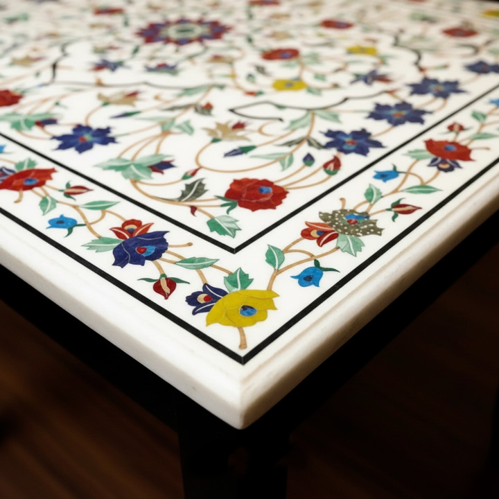 Handcrafted White Marble Inlay Table | Italian Pietra Dura Floral Coffee Table - Image 3