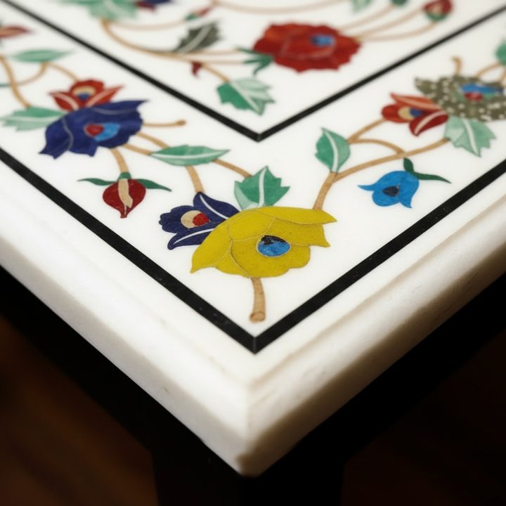 Handcrafted White Marble Inlay Table | Italian Pietra Dura Floral Coffee Table - Image 4