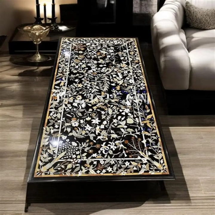 Black marble inlay table with Pietra Dura craftsmanship