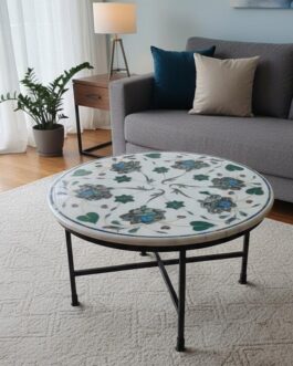 Handcrafted White Marble Coffee Table with Floral Gemstone Work – Luxury Inlay Art