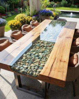 Handcrafted Clear Epoxy Coffee Table – Minimalist Design with Natural Pebbles