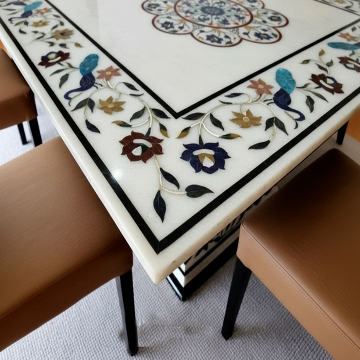 Handcrafted White Marble Inlay Dining Table | Pietra Dura Floral Design - Image 2