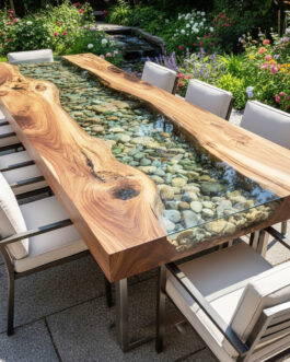 Handcrafted Clear Epoxy Coffee Table – Minimalist Design with Natural Pebbles