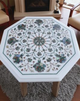 Royal White Marble Coffee Table with Multicolor Floral Inlay – Pietra Dura Craft