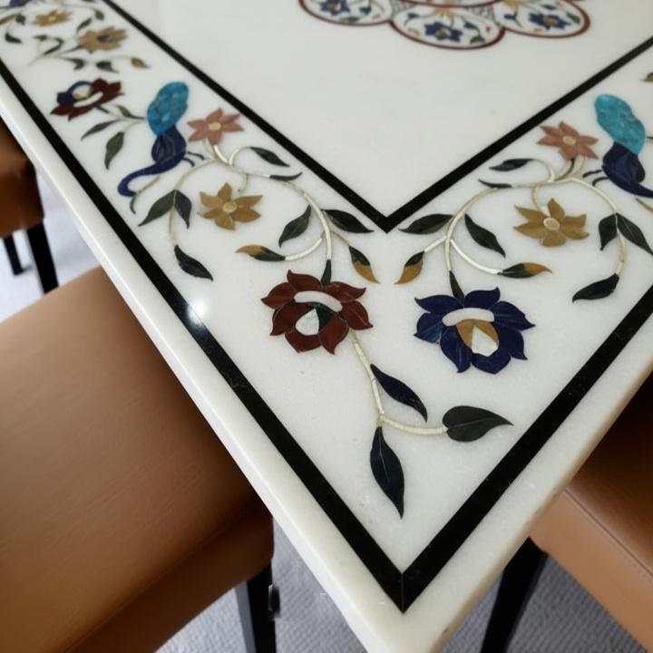 Handcrafted White Marble Inlay Dining Table | Pietra Dura Floral Design - Image 4