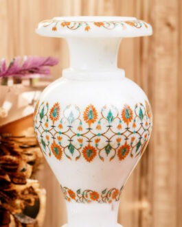 White Marble Floral Inlay Decorative Vase | Handmade Luxury Stone Craft