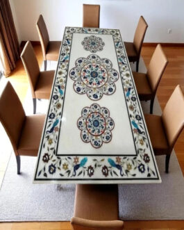 Handcrafted White Marble Inlay Dining Table | Pietra Dura Floral Design
