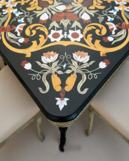 Royal Black Marble Pietra Dura Table – Floral Inlay Luxury Dining Furniture