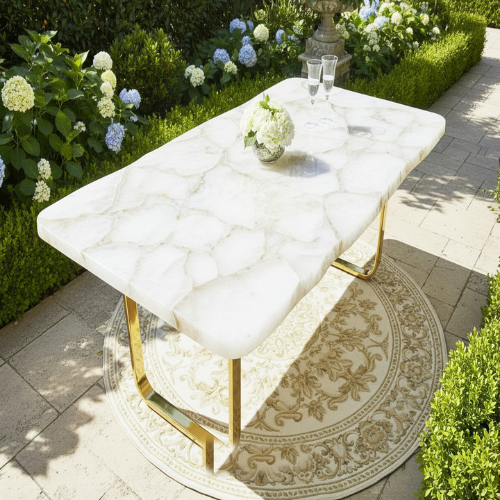 Natural quartz gemstone coffee table handcrafted from polished stone for luxury sofa or center table use