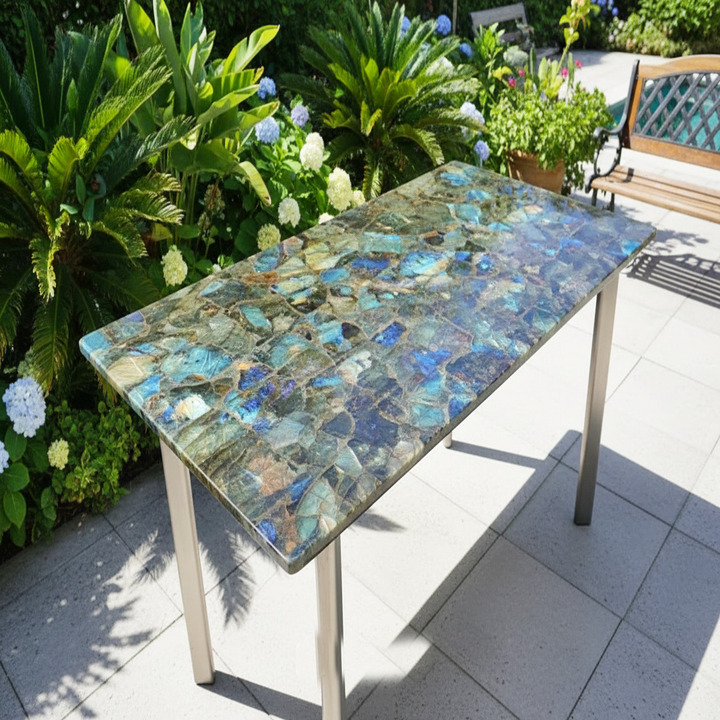 Polished labradorite center table with glossy gemstone surface for luxury living room décor