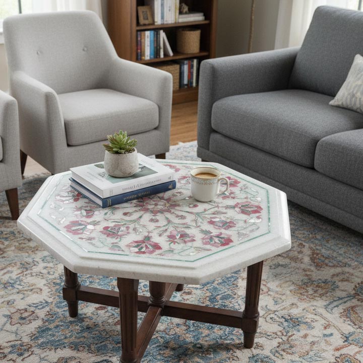 White marble coffee table with pink MOP floral inlay