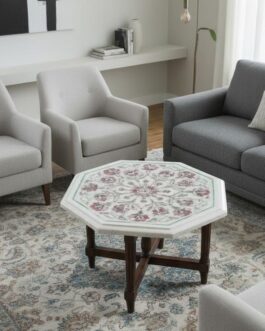 Handmade White Marble Coffee Table | Pink MOP Floral Design