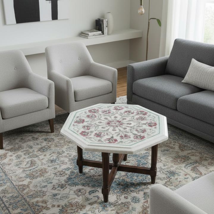 Handmade White Marble Coffee Table | Pink MOP Floral Design - Image 2