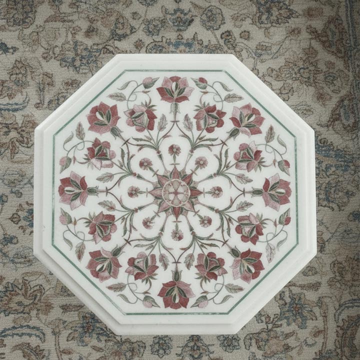 Handmade White Marble Coffee Table | Pink MOP Floral Design - Image 3