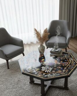 Designer Black Marble Coffee Table with Semi-Precious Stone Inlay – Artisan Craft