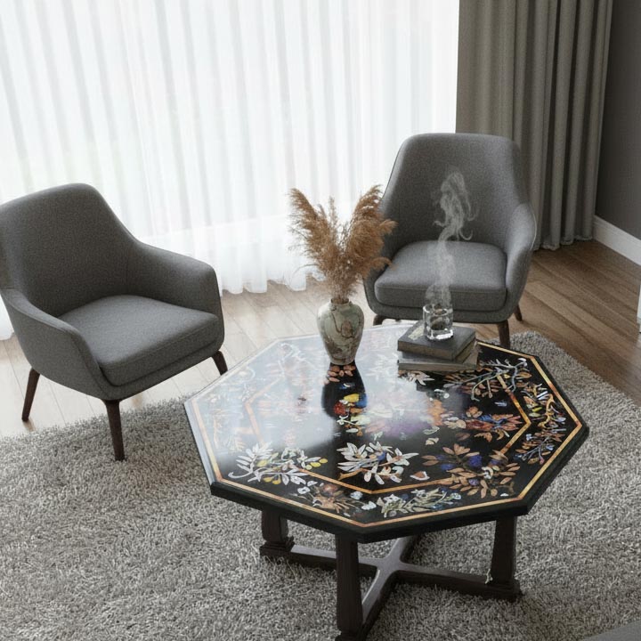 Designer Black Marble Coffee Table with Semi-Precious Stone Inlay – Artisan Craft - Image 2