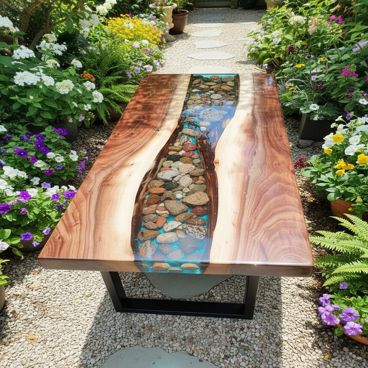 Handcrafted Clear Epoxy Coffee Table – Minimalist Design with Natural Pebbles