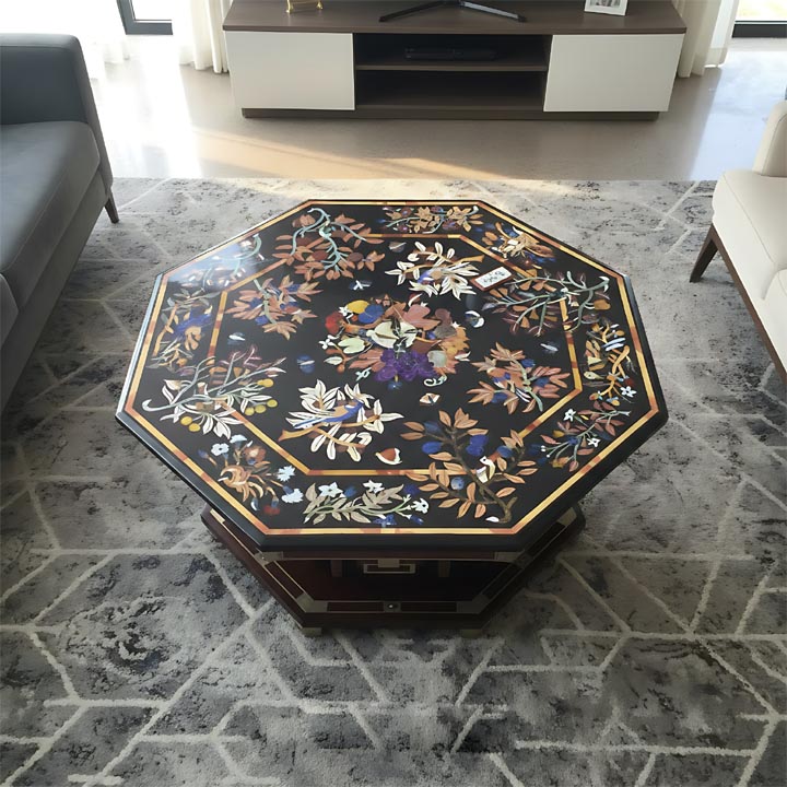 Designer Black Marble Coffee Table with Semi-Precious Stone Inlay – Artisan Craft - Image 4