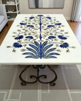 Artisan White Marble & Lapis Lazuli Dining Table – Unique Handmade Design