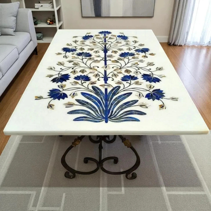 Artisan White Marble & Lapis Lazuli Dining Table – Unique Handmade Design - Image 2