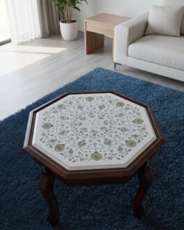 Unique White Marble Coffee Table | Detailed Floral Inlay for Home Décor Accent
