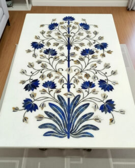Artisan White Marble & Lapis Lazuli Dining Table – Unique Handmade Design