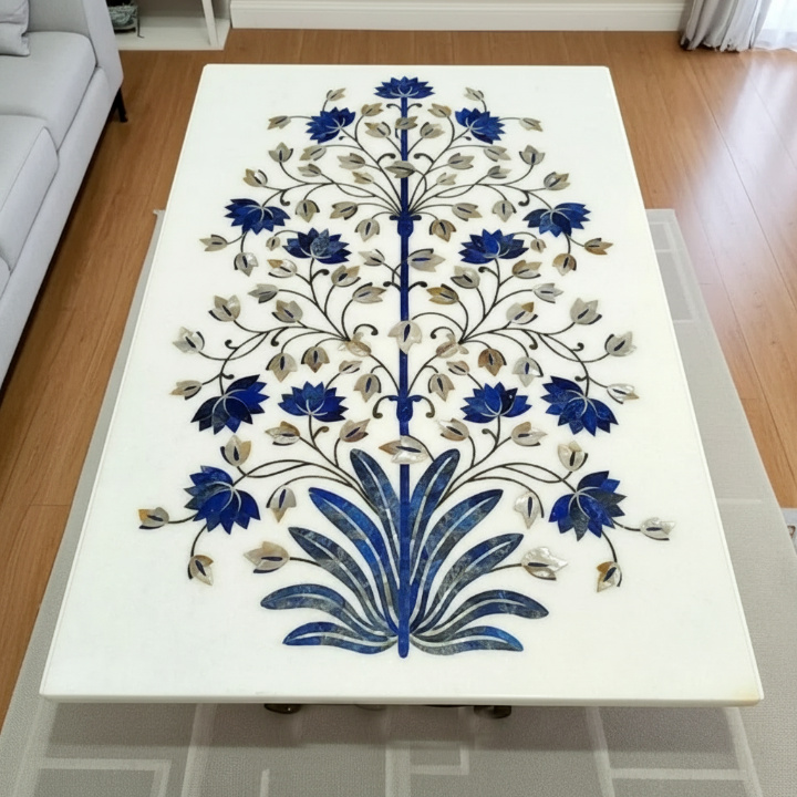 White marble & lapis lazuli dining table with unique handmade design