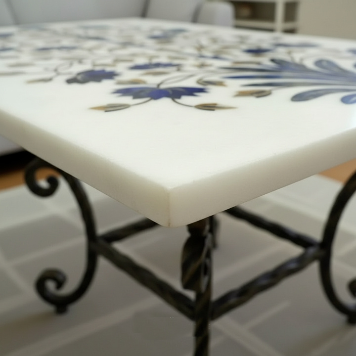 Artisan White Marble & Lapis Lazuli Dining Table – Unique Handmade Design - Image 3