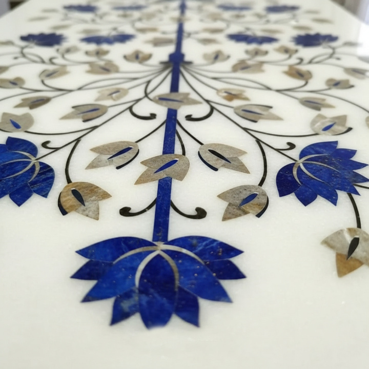 Artisan White Marble & Lapis Lazuli Dining Table – Unique Handmade Design - Image 4