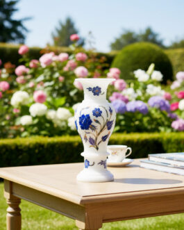 Artisan White Marble Vase with Floral Stone Inlay – Luxury Home Decor