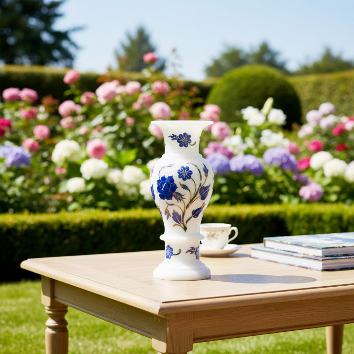 Artisan White Marble Vase with Floral Stone Inlay – Luxury Home Decor - Image 2