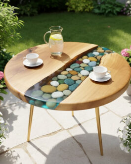 Luxury Minimalist Clear Epoxy Resin Coffee Table – Polished with Embedded Pebbles