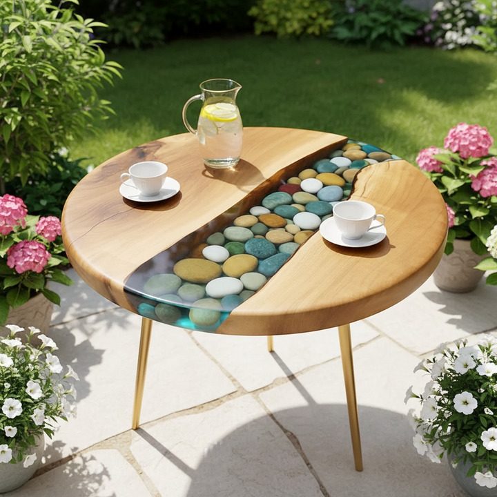 Luxury Minimalist Clear Epoxy Resin Coffee Table – Polished with Embedded Pebbles - Image 2