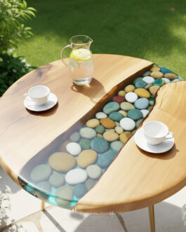 Luxury Minimalist Clear Epoxy Resin Coffee Table – Polished with Embedded Pebbles