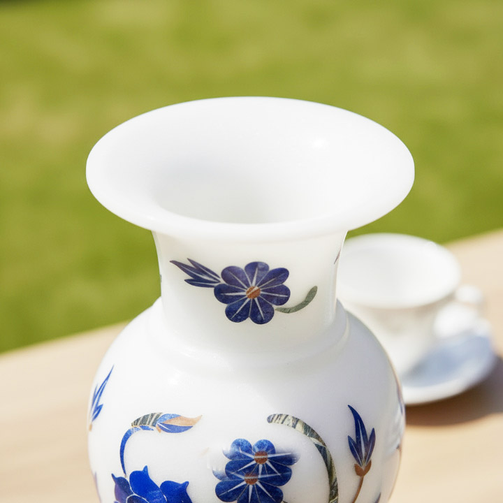 Artisan White Marble Vase with Floral Stone Inlay – Luxury Home Decor - Image 4