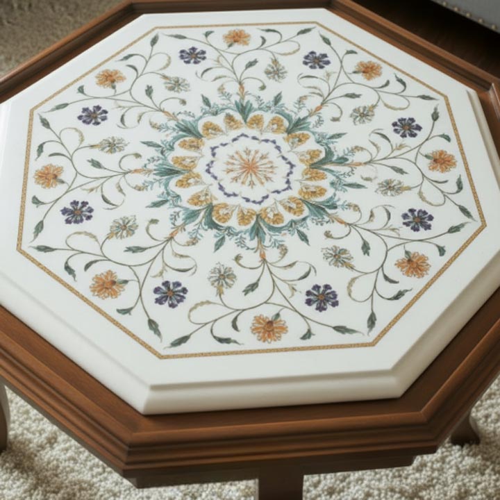 Buy Luxury White Marble Coffee Table | Elegant Semi-Precious Floral Inlay - Image 2
