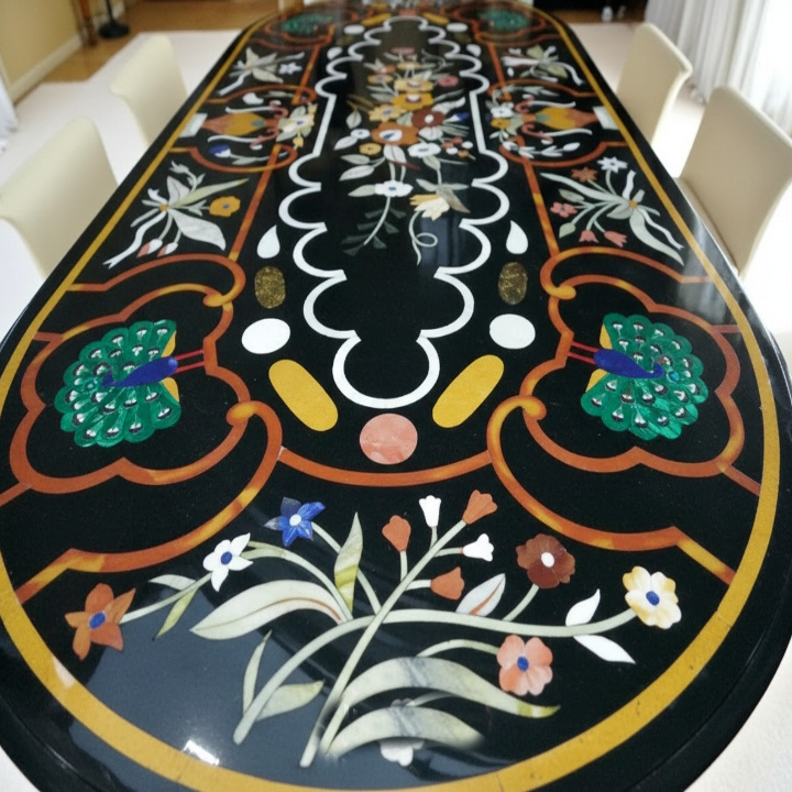 Oval Black Marble Table with Artistic Inlay – Handcrafted Elegance - Image 2