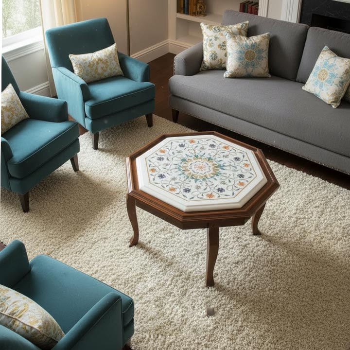 Buy Luxury White Marble Coffee Table | Elegant Semi-Precious Floral Inlay - Image 3