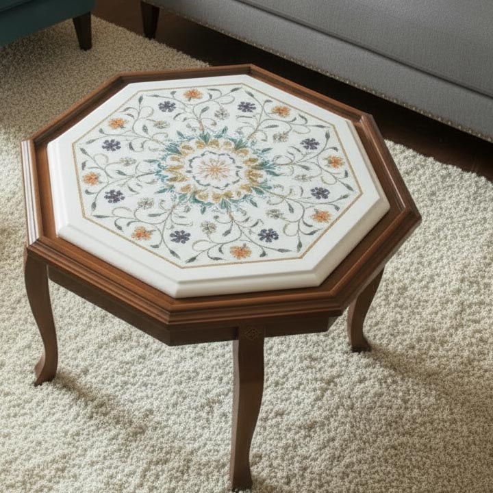 Buy Luxury White Marble Coffee Table | Elegant Semi-Precious Floral Inlay - Image 4