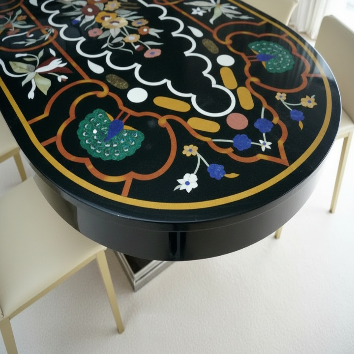 Oval Black Marble Table with Artistic Inlay – Handcrafted Elegance - Image 4