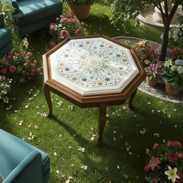 Buy Luxury White Marble Coffee Table | Elegant Semi-Precious Floral Inlay - Image 5