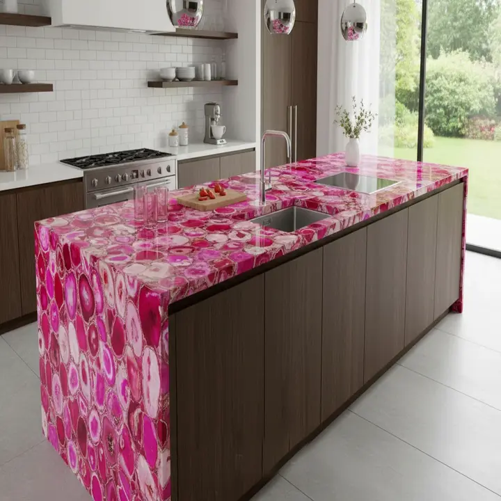 Exclusive Pink Agate Crystal Countertop Slab | Semi-Precious Stone Surface - Image 5