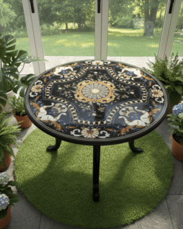 Luxury Black Marble Coffee Table with Semi-Precious Pietra Dura Floral Inlay | Handmade Home Décor