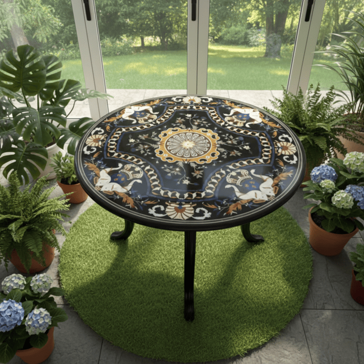 Luxury black marble coffee table with handmade Pietra Dura floral inlay design