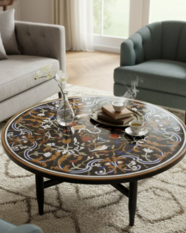Handmade Black Marble Coffee Table with Fine Floral Inlay Design | Luxury Home Furniture