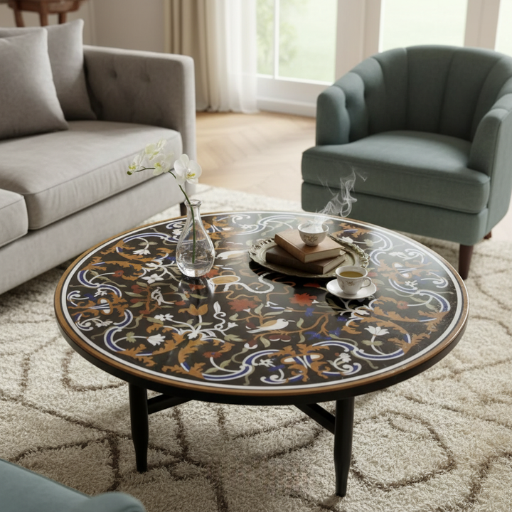 Handmade black marble coffee table with intricate floral stone inlay design for luxury living room décor