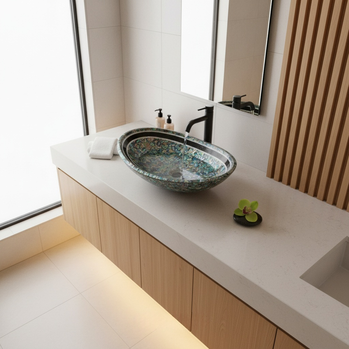 Luxury Paua shell stone sink with mother of pearl inlay handmade gemstone bathroom wash basin for modern luxury vanity USA